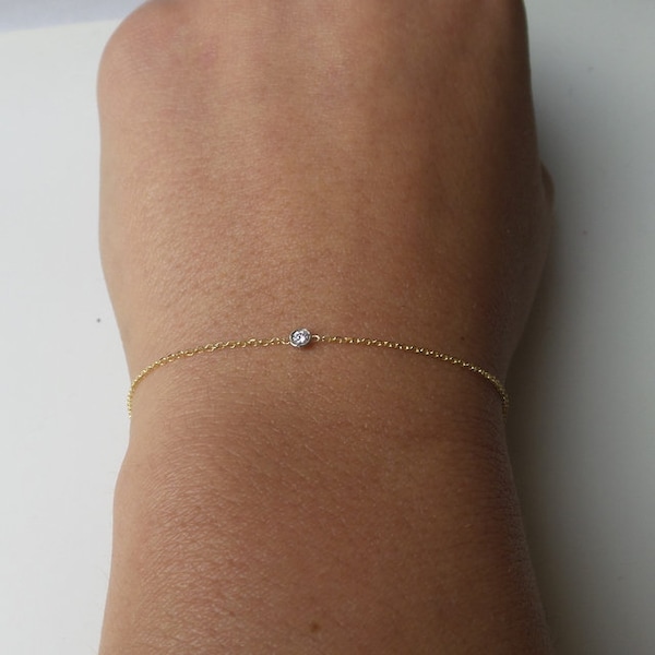 14k Gold Diamond Bezel Bracelet: Dainty Solitaire Design