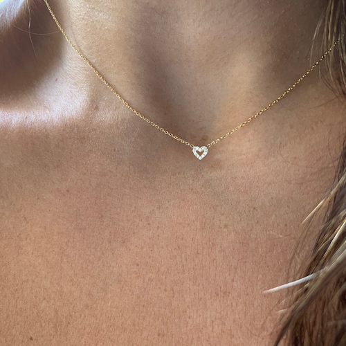 Small Diamond Heart Necklace / 14k Gold Diamond Heart Necklace Etsy