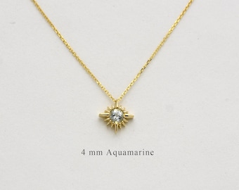 Aquamarine North Star Necklace / Birthstone Starburst Necklace / 14k Gold aquamarine Charm North Star Necklace /Layering North Star Pendant