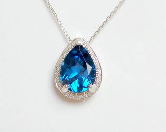 Blue Topaz Necklace with Diamonds Sterling Silver/ Sterling Silver Blue Topaz  Necklace/ Genuine Blue Topaz Necklace/ December Gemstone