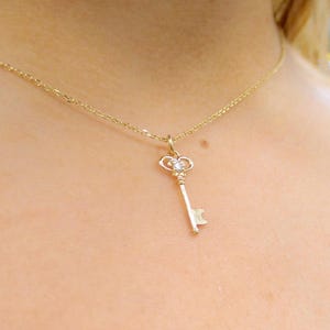 14k Yellow Gold Diamond Key Necklace: Handmade Minimalist Pendant