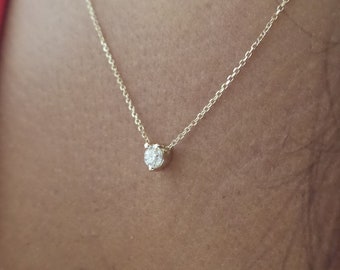 Diamond Necklace / 14k Gold Diamond Sliding Necklace / Solitaire 3 Prong Diamond Pendant / Dainty Diamond Necklace / Floating Diamond