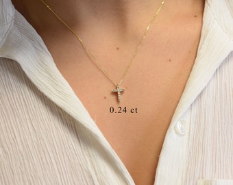 Diamond Cross Necklace 0.24CT / 14k Rose Gold Diamond Cross / Dainty Diamond Cross / Baptism Gift / Communion / Confirmation / Confirmation