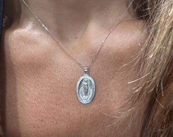 14k Gold Small Virgin Mary Pendant: Miraculous Medal Charm