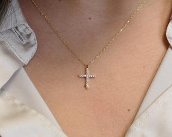Diamond Cross Necklace 0.20ct / 14k Rose Gold Diamond Cross / Gold Cross / Dainty Diamond Cross / Communion / Confirmation / Religious /  Ba