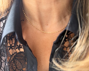 14k Solid Gold Mirror Chain Necklace: Dainty Glitter Sparkle Sequin Choker