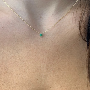 14k Gold Emerald Solitaire Necklace: Dainty May Birthstone