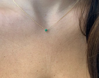 Emerald Solitaire Necklace 3 mm / 14k Gold Emerald Necklace / Bithstone Emerald Necklace / Dainty Emerald / Green Emerald Necklace /May