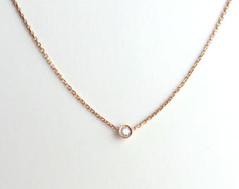 Diamond Solitaire Necklace/ Rose Gold 14k Diamond Necklace 0.10CT /  Solitaire Bezel Diamond Pendant/ Delicate Necklace/ 14k Gold Diamond