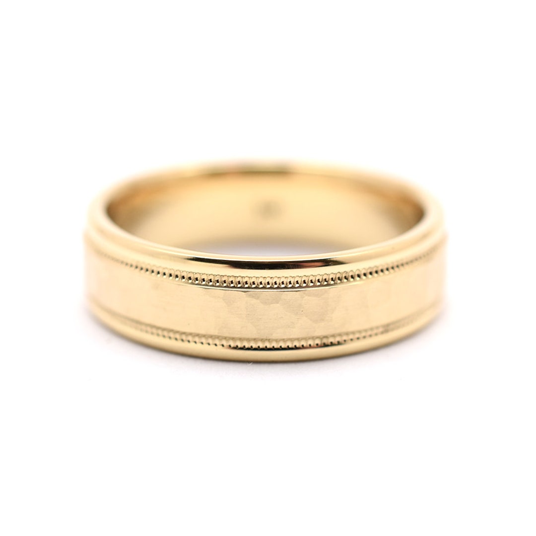 Mens Wedding Band 6MM / 14k Solid Gold Hammer Finish Wedding Ring / Hand Hammered Wedding Band