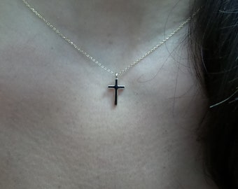 Cross Necklace / Small Cross Black Enamel Necklace / Solid Gold Black Enamel Cross / Communion Cross / Confirmation Cross / Baptism Cross