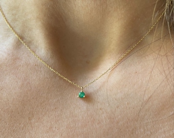 Emerald Solitaire Necklace 3 mm / 14k Gold Emerald Necklace / Solid Gold Emerald Necklace / Dainty Emerald / Green Emerald Necklace /May