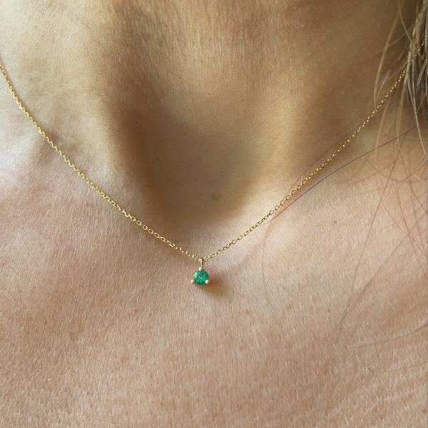 Emerald Solitaire Necklace 3 mm / 14k Gold Emerald Necklace / Solid Gold Emerald Necklace / Dainty Emerald / Green Emerald Necklace /May