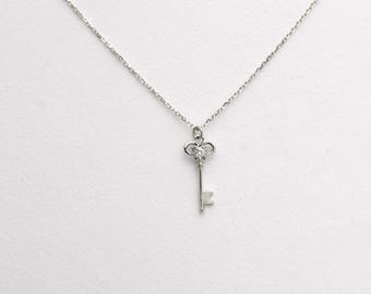 Diamond Key Necklace: 14k White Gold Pendant, Minimalist Jewelry
