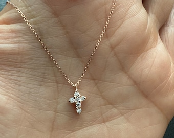Small Diamond Cross Necklace / 14k Rose Gold Diamond Cross 0.16CT / Mini Diamond Cross / Layering Cross /  Baptism / Communion /Confirmation