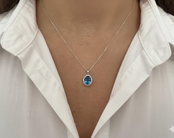 14k Gold Oval Blue Topaz Necklace with Diamond Halo Necklace, December Birthstone