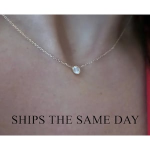 Diamond Necklace / Diamond Solitaire Necklace / 14k Gold Diamond Bezel Necklace / Diamond Necklace / Floating Diamond / Dainty Diamond image 1