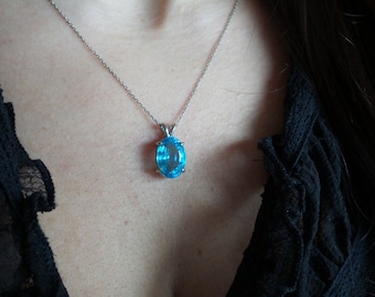 Blue Topaz Necklace / Swiss Blue Topaz Necklace  / Genuine Blue Topaz Pendant / Silver Oval Blue Topaz Necklace / December Gemstone