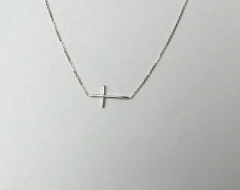 Small Cross Necklace / 14k White Gold Sideways Cross Necklace / Gold Cross Necklace / Baptism Gift / Communion / Confirmation / Confirmation