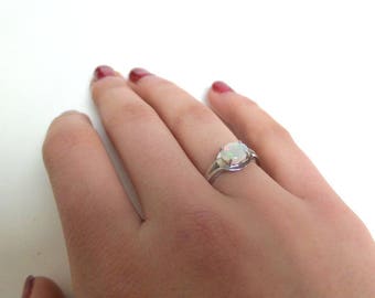 Opal Ring/ White Australian Opal Ring/ Opal Engagement Ring/ Sterling Silver Opal Ring/ Oval Opal/ October Birthstone/ White Gemstone/ Gift