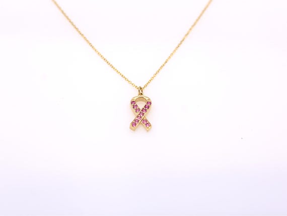 14k Rose Gold Pink Sapphire Breast Cancer Ribbon Necklace - Etsy