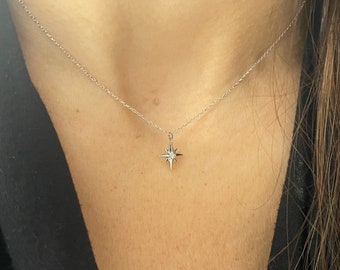 North Star Necklace / Starburst Diamond Necklace / 14k White Gold North Star Diamond Necklace / Minimalist North Star Pendant / Dainty Star