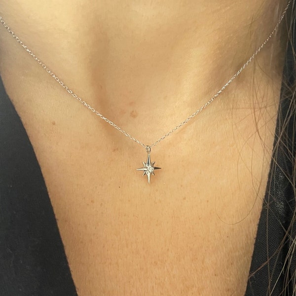 Collar de estrella del norte / collar de diamantes Starburst / collar de diamantes de estrella del norte de oro blanco de 14 k / colgante minimalista de estrella del norte / estrella delicada