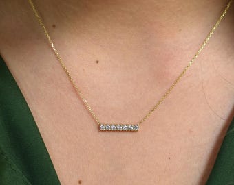 Diamond Bar Necklace 0.35carat, 14k Gold Diamond Strait Bar Necklace, Layering Bridal Necklace, 7 Diamond necklace