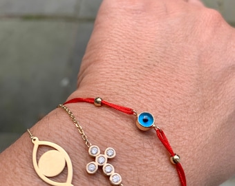 Evil Eye Bracelet / 14k Gold Evil Eye Bracelet / Pull String Gold Evil Eye Bracelet / Layering Evil Eye Bracelet / Minimalist Evil Eye