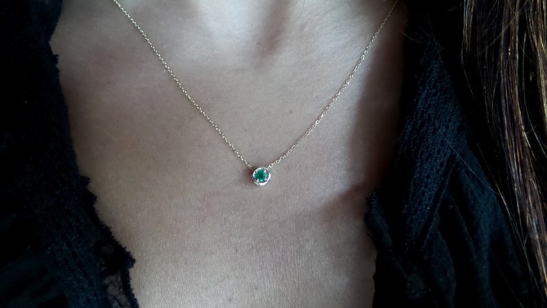 Emerald Necklace / 14k Gold Emerald Solitaire Necklace / Delicate Emerald Necklace / Dainty Pendant / Gold Emerald Necklace / May Birthstone image 2