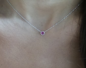 Birthstone Red Ruby Necklace, 14k Gold Ruby Solitaire Necklace, Round Ruby Chain Necklace, Minimalist Ruby Pendant, Dainty Ruby Birthstone