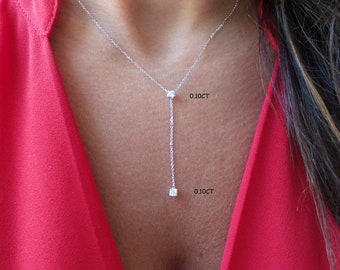 Diamond Necklace Lariat / 14k Rose Gold Diamond Lariat Necklace / Lariat Diamond Necklace / Dainty Diamond Necklace / Bridal Diamond Lariat
