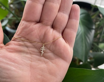 Orthodox Diamond Cross Necklace / 14k Gold Orthodox Cross / Layering Orthodox Small Cross / Baptism Cross / Communion