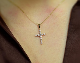 Diamond Cross Pendant 0.35ct / 14k Gold Single Prong Diamond Cross / Small Petite Layering Cross / Baptism / Communion/ Confirmation