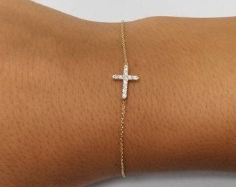 Diamond Cross Bracelet / 14k Gold Diamond Cross / Small Diamond Cross / Baptism Gift / Communion / Christmas Gift / Religious / Gold Cross B