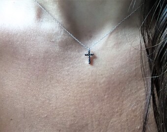 Small Diamond Cross Necklace / Black Diamond Cross Necklace / 14k White Gold Layering Diamond Cross / Baptism Cross / Communion Confirmation