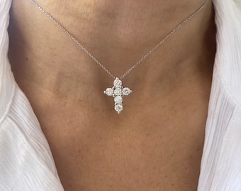 Diamond Cross Necklace 1.43CT / 14k Gold Diamond Cross / 14K Solid Gold Diamond Cross / Baptism Gift / Communion /Confirmation /Confirmation