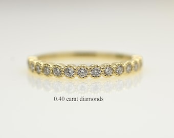 14k Gold Diamond Wedding Band • Milgrain Bezel Set, Vintage Style