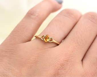Yellow Topaz Solitaire Ring 14K Gold: Personalized Birthstone Heart Design, November Gemstone