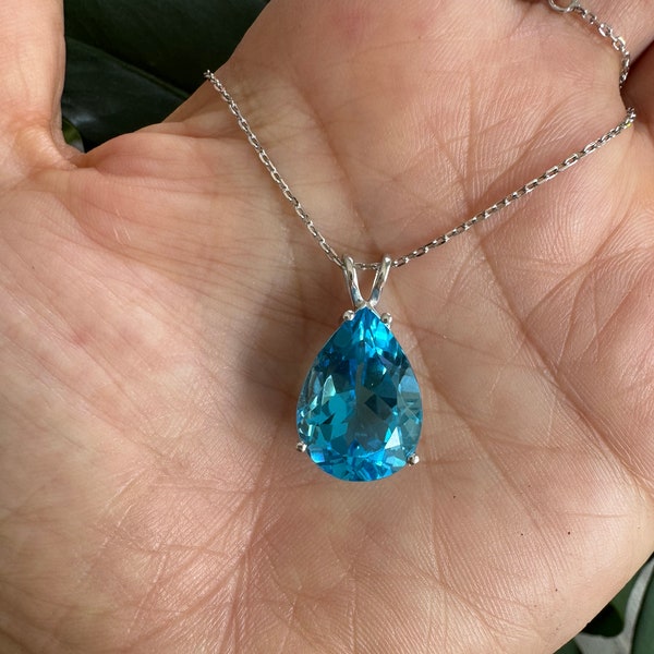 Pear Swiss Blue Topaz Necklace: Sterling Silver December Birthstone