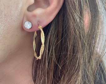 Hoop Earrings (Pair) / 14k Gold Braided Hoop Earrings / Gold Round Hoop Earrings / 14K Gold Hoop Earrings / Everyday Gold Hoop Earrings