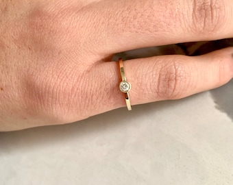 Dainty Diamond Solitaire Bezel Ring: 14k Gold Stackable Ring