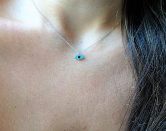 Evil Eye Necklace / 14k White Gold Evil Eye Necklace / Solid 14k Gold Evil Eye / Blue Enamel Evil Eye Necklace / Mini Evil Eye Necklace