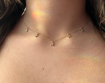 Diamond Star Necklace / Small Diamond Star Station Necklace / 14k Gold Star Charm Necklace / Celestial Star Necklace