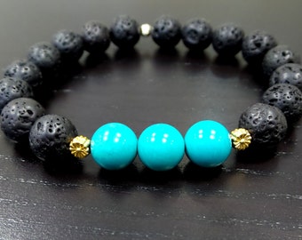 Beaded Bracelet/ Black Lava Onyx Bracelet with Turquoise Beads/ Black Stretchy Bracelet/ Black Beaded Bracelet with Turquoise Beads