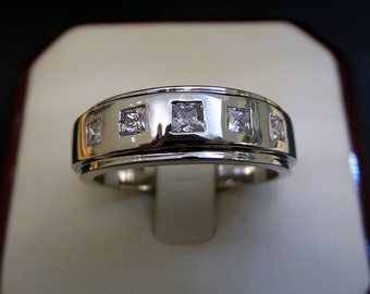 Men's Wedding Band 14k White Gold with Diamonds/  Mens Princess Cut Diamond 0.50 ct 14 k White Gold Wedding Band/ Wedding Band