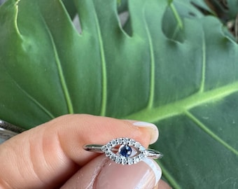 14k Gold Evil Eye Ring: Sapphire Diamond Protection Ring