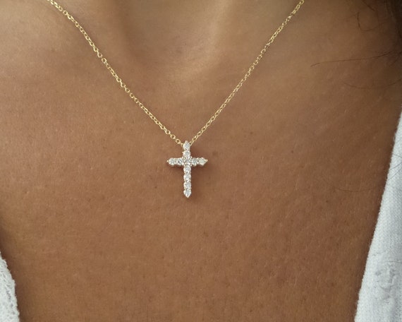 Diamond Cross Necklace 14k Gold Diamond Cross 0 18 Ct Etsy