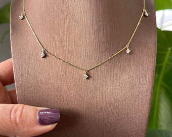 Bridal Diamond Necklace 0.50CT tcw / Diamond Station Necklace / 14k Gold 5 Diamond Bezel Necklace / Mothers day Diamond Necklace