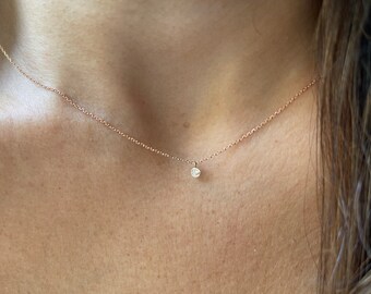 Diamond Solitaire Necklace / 14K Rose Gold Diamond Necklace 0.03ct / Dangling Diamond Necklace / Floating Diamond / Diamond Bezel Necklace